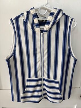 Peach L Blue & White Striped Hooded Sleeveless zip vest